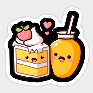 Cute Mango Milkshake and a Mango Cake with Hearts | Kawaii Style Couple Gift Sticker